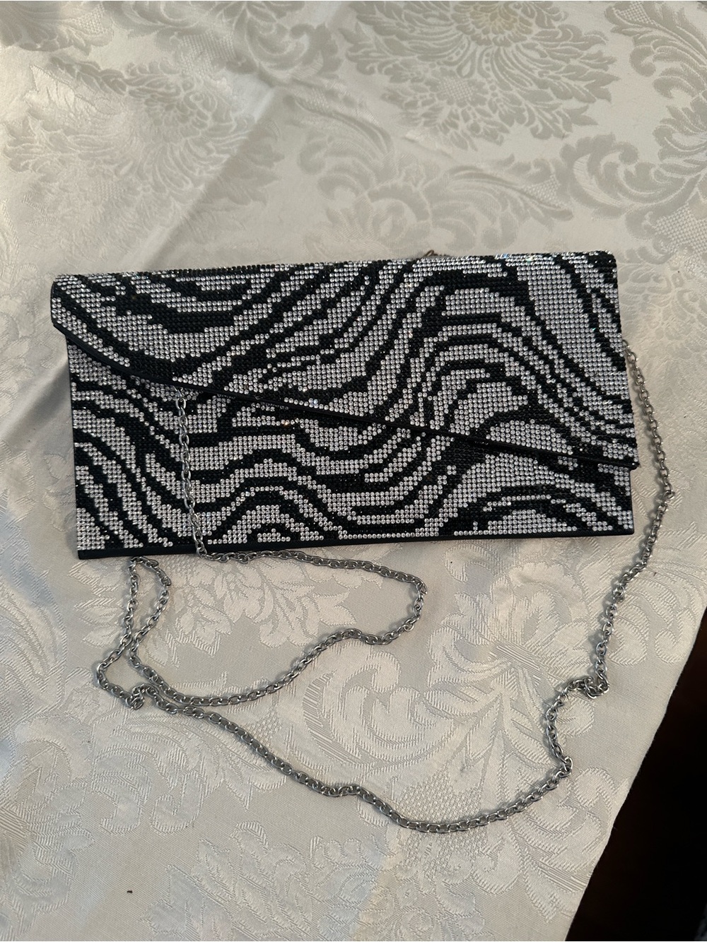 Black & Silver Zebra Crystal Evening Clutch with Chain